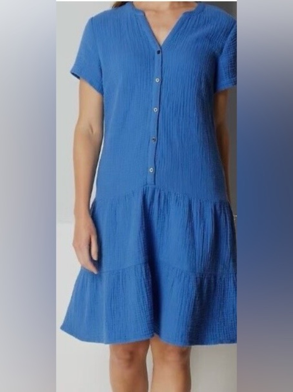 J. Jill Royal Blue Short-Sleeve Tiered Button-Front Midi Dress size Large